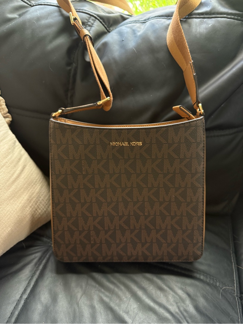 Michael Kors Brown MK Logo Crossbody with Tan Strap